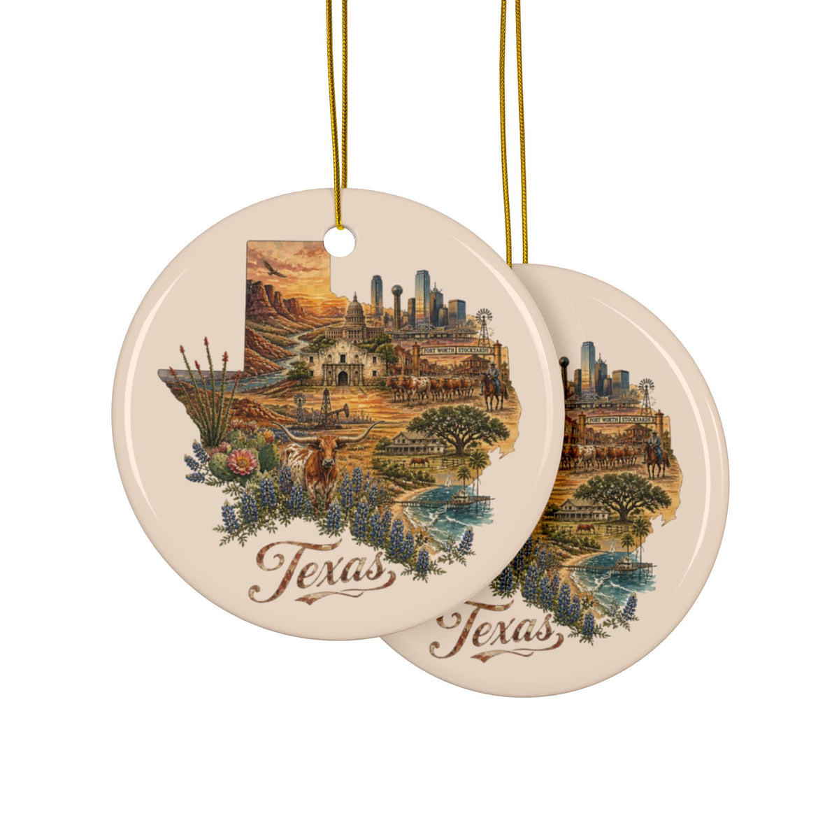 Texas state collage Ceramic Ornament | Round Double-Sided Holiday Decoration - 2.99" Includes Gold String