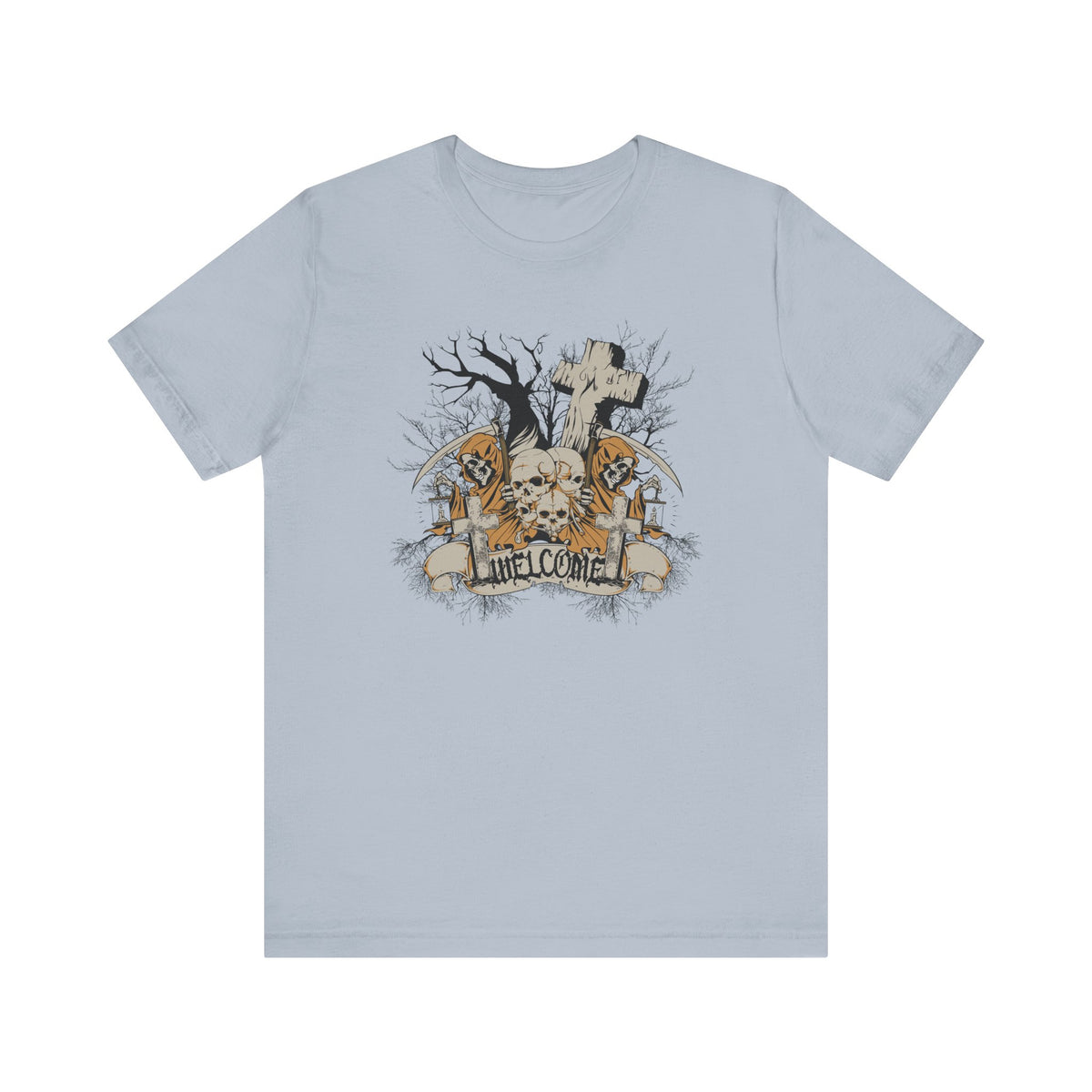 Skull Graveyard Welcome Tee Halloween Haunted Tree Cross Tombstone Unisex Cotton Art-50