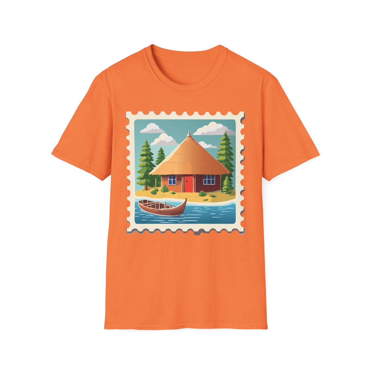 Cozy Lakeside Cottage Illustration T-Shirt | Retro Stamp Artwork