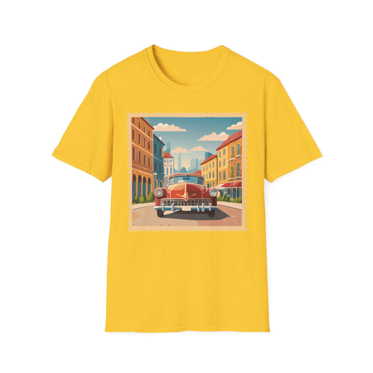 Vintage Cityscape Stamp T-Shirt | Retro Car Street Graphic Tee Unisex 100 Cotton Gildan T-Shirt