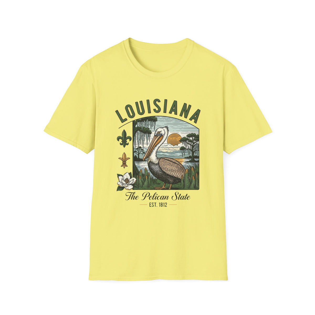 Louisiana Pelican State Graphic T-Shirt — Vintage Bayou Sunset Travel Tourist Graphic Design Unisex 100 Cotton Gildan T-Shirt