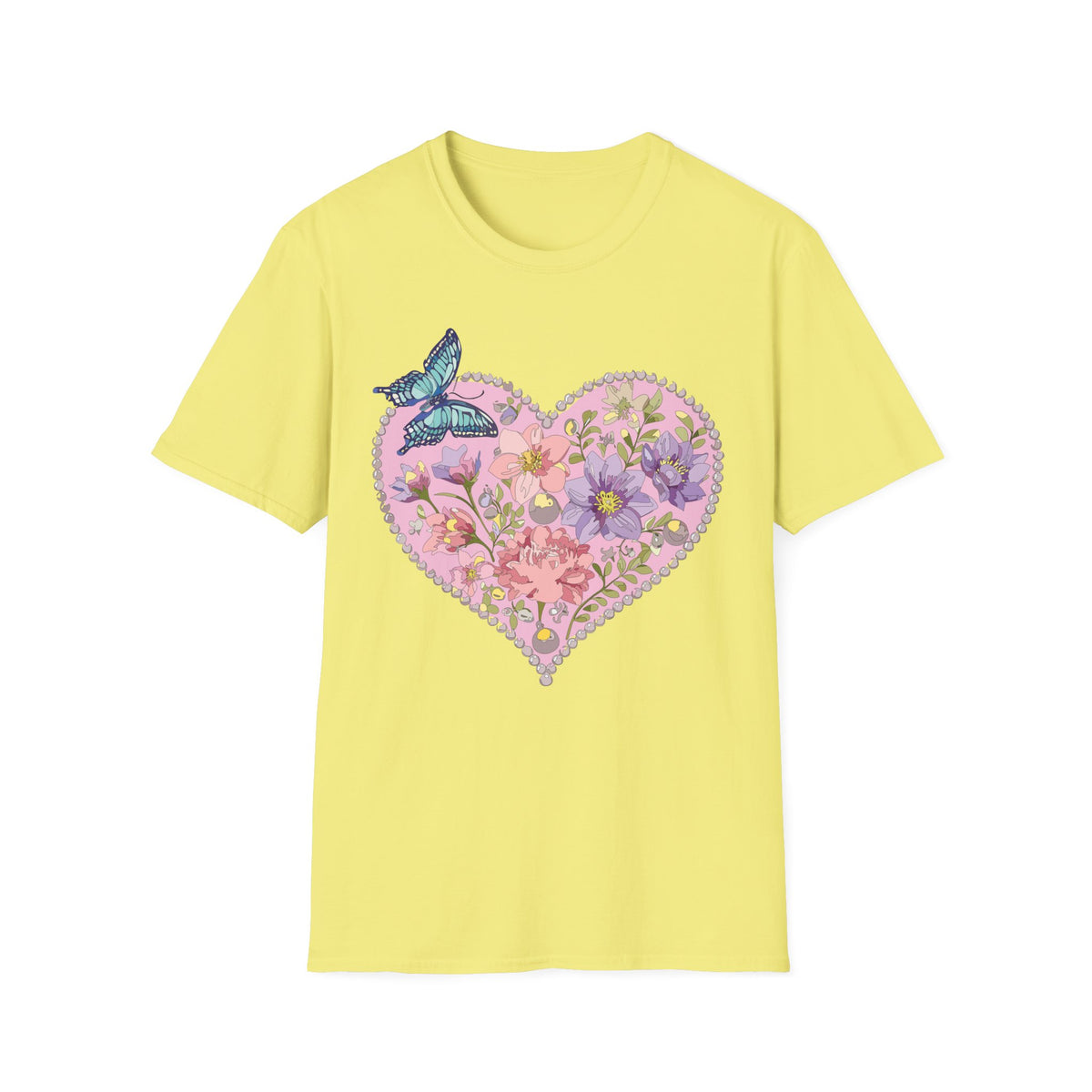 Floral Heart with Butterfly T-Shirt | Botanical Heart Graphic Tee Unisex 100 Cotton Gildan T-Shirt