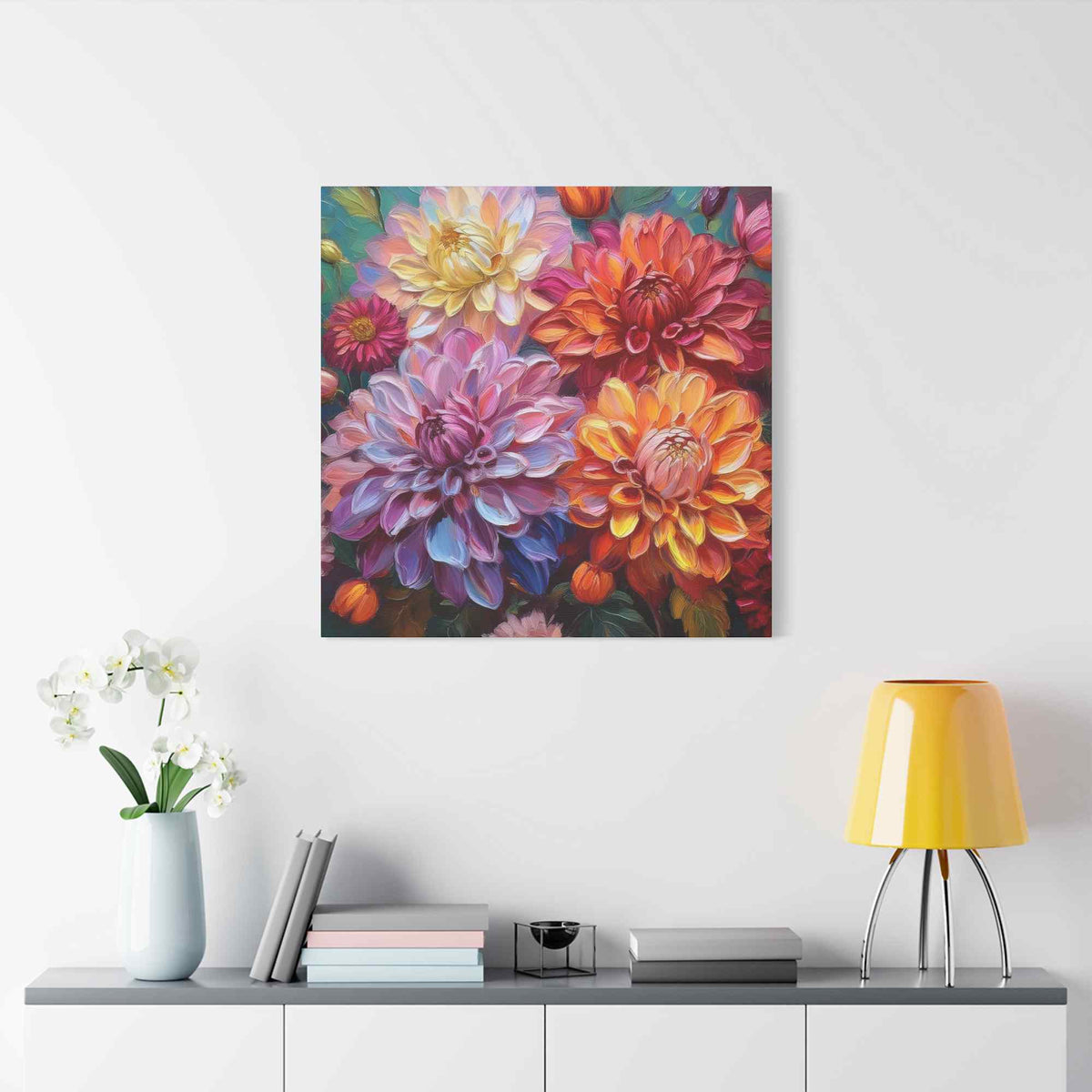 Dahlias Floral Print Canvas, Floral Oil Paint Print 20x20, 24x24, 30x30, 32x32, 36x36 Art Design Pine-Wood Inner Frame MC-167