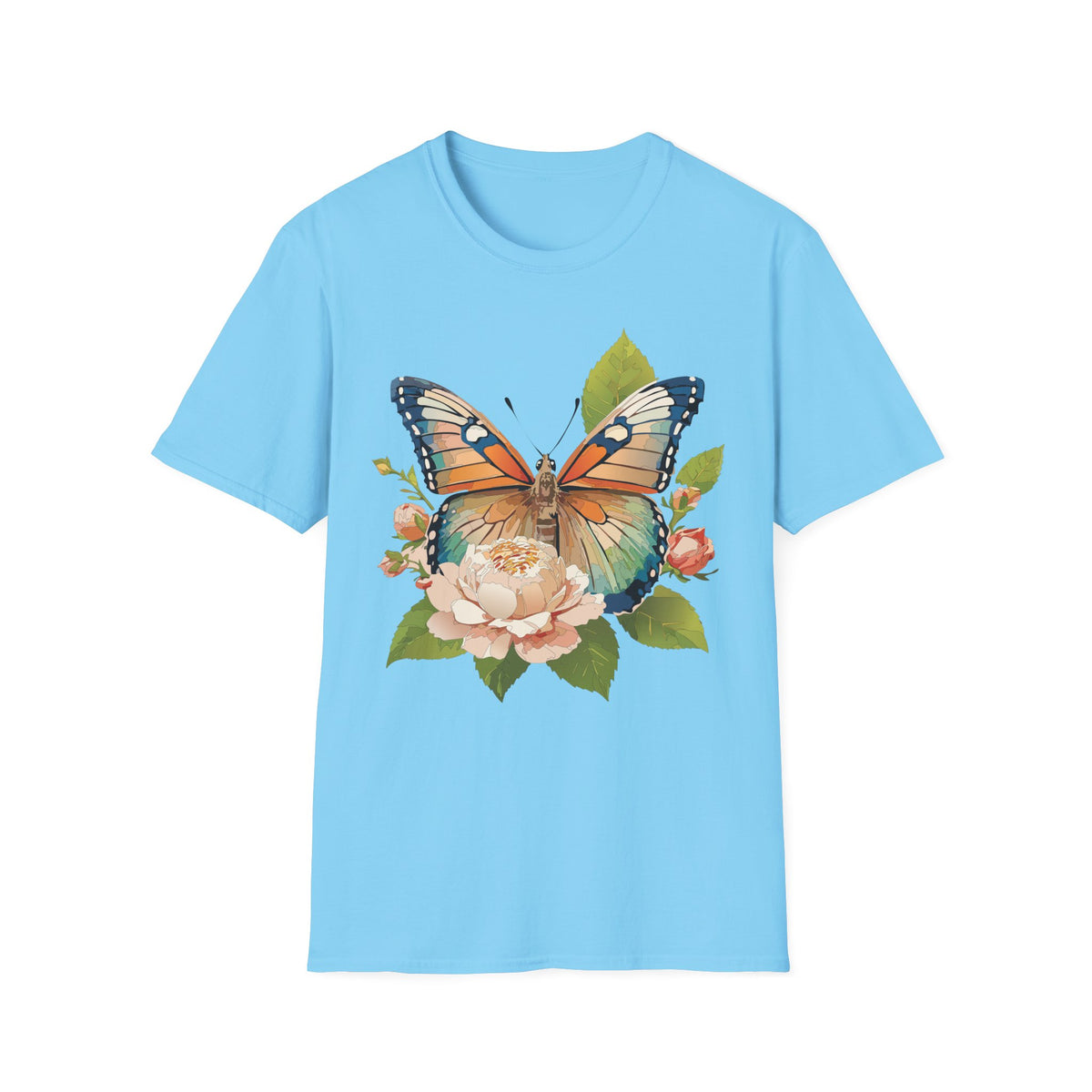 Butterfly Floral T-Shirt — Watercolor Monarch & Roses Graphic Tee Unisex 100 Cotton Gildan T-Shirt