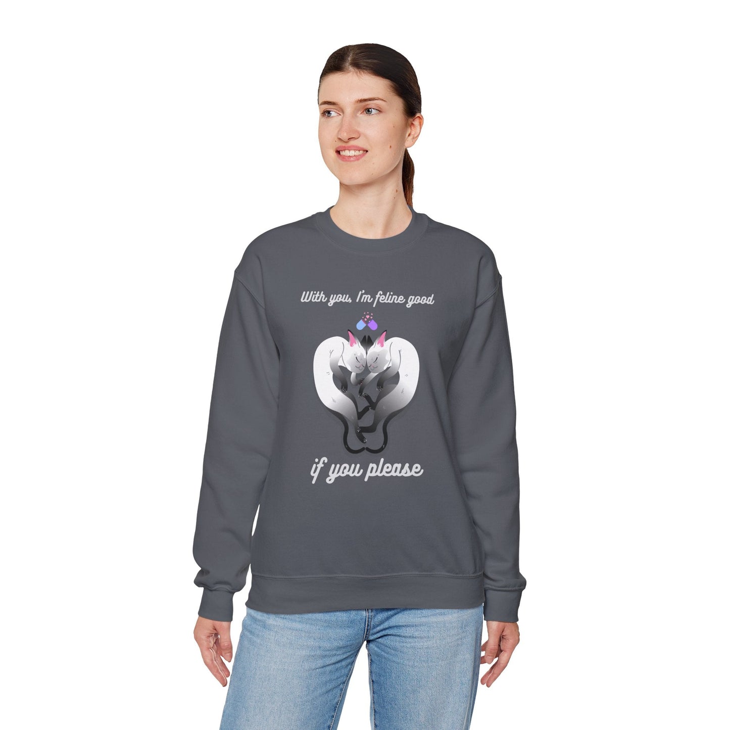 Double Cat Heart Sweatshirt Unisex Fifty Fifty Cotton Poly Valentines Day Sweatshirt