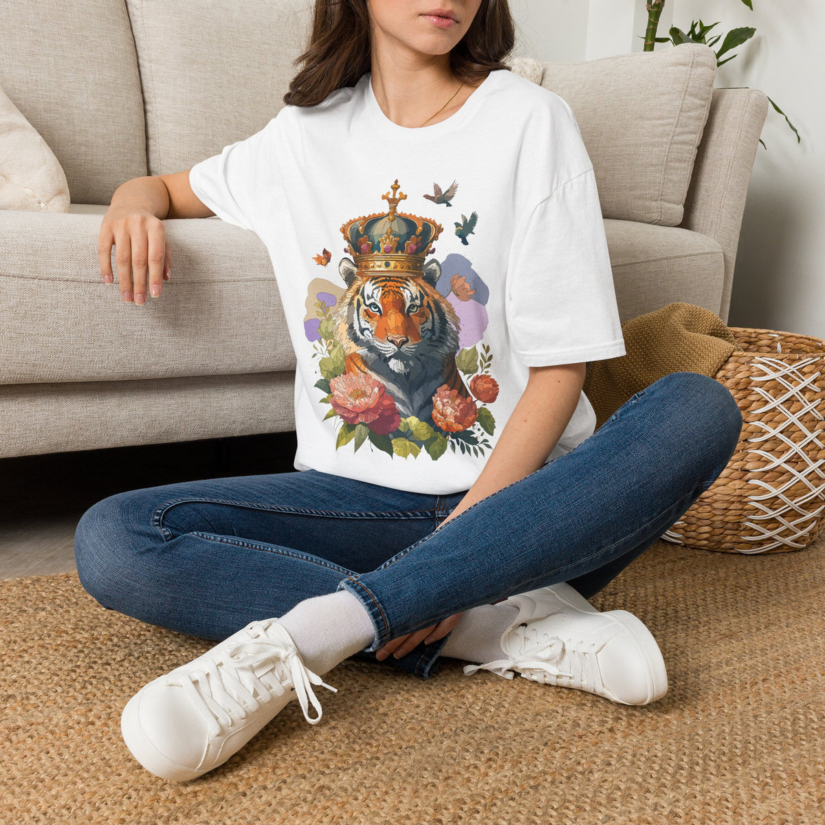Crowned Tiger Illustration T-Shirt | Floral, Birds, Regal Wildlife Art - Unisex 100 Cotton Gildan 64000