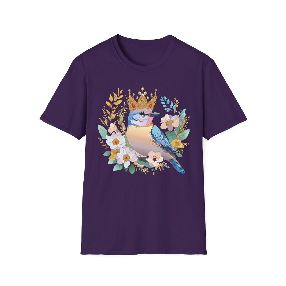 Crowned Bluebird Illustration T-Shirt | Floral Bird Crown Design