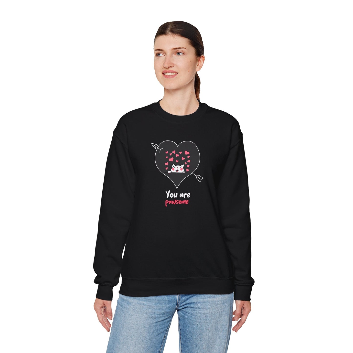 Cat Heart Sweatshirt Valentines Day Fifty Fifty Cotton Poly Unisex Crewneck Gift Idea