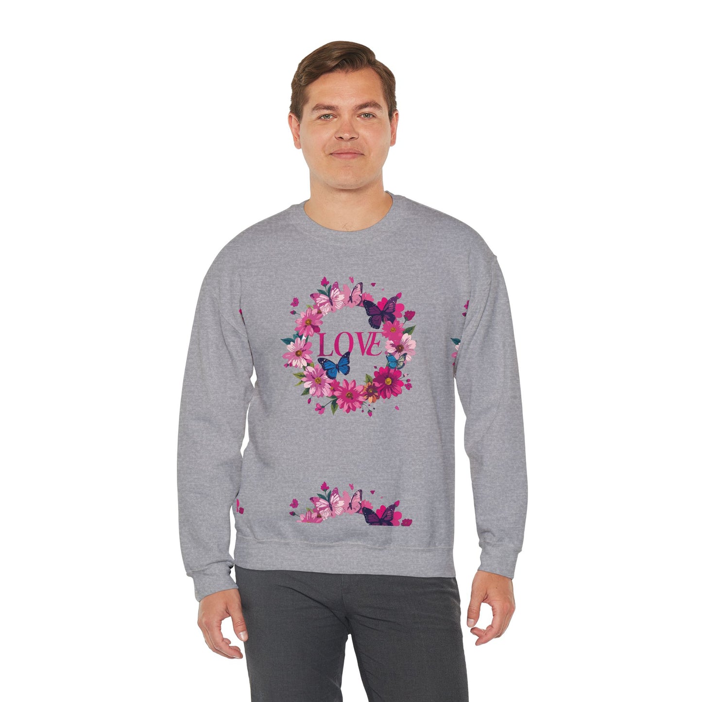 Unisex Floral Love Sweatshirt, Love Floral Sweatshirt, Floral Butterfly Sweatshirt, 50/50 Cotton-Poly Valentine's Day Sweatshirt 04