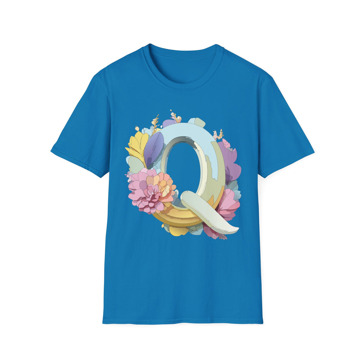Floral Letter Q T-Shirt | Pastel Monogram Tee, Botanical Initial Shirt