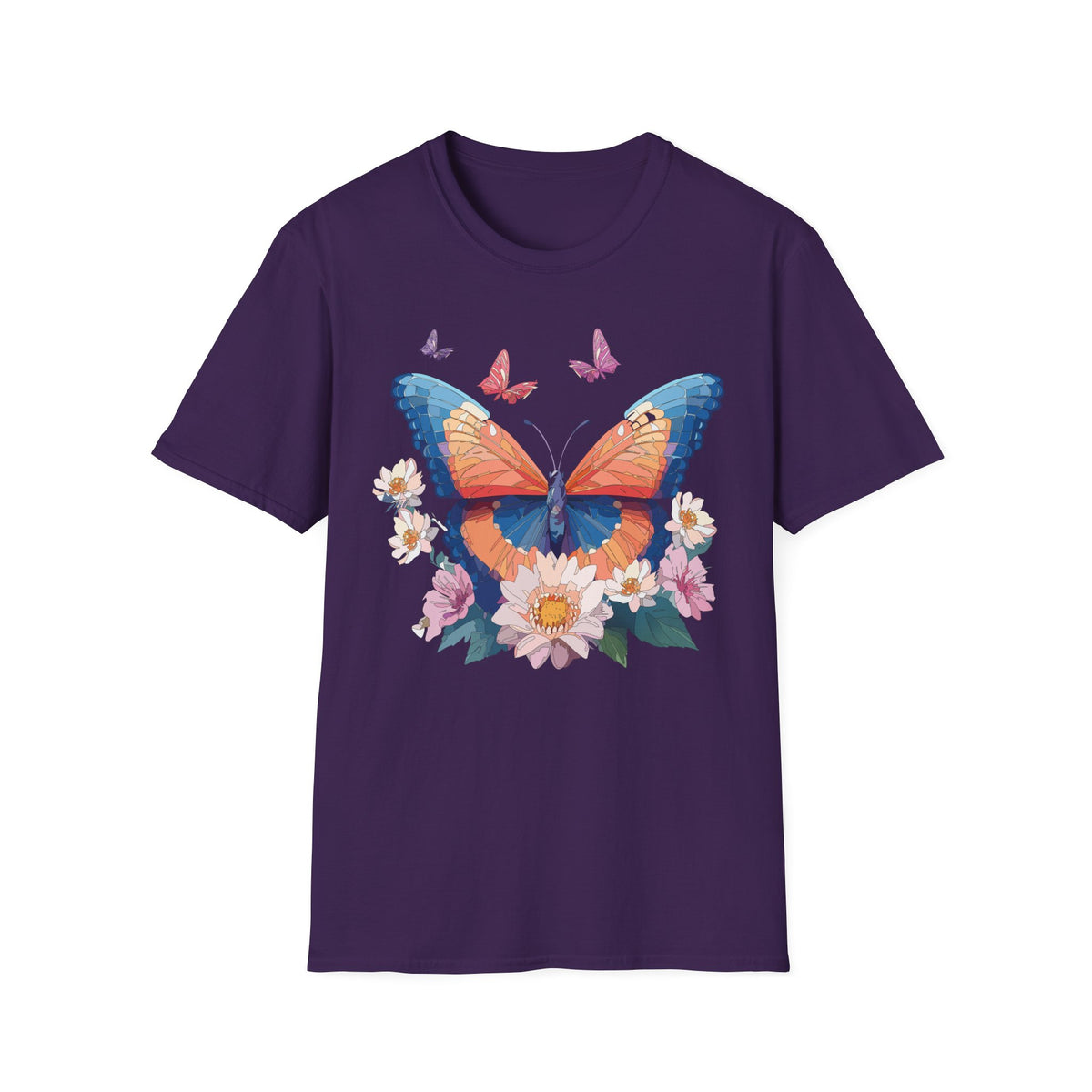 Butterfly Floral T-Shirt – Vibrant Orange & Blue Butterfly with Flowers Graphic Tee Unisex 100 Cotton Gildan T-Shirt