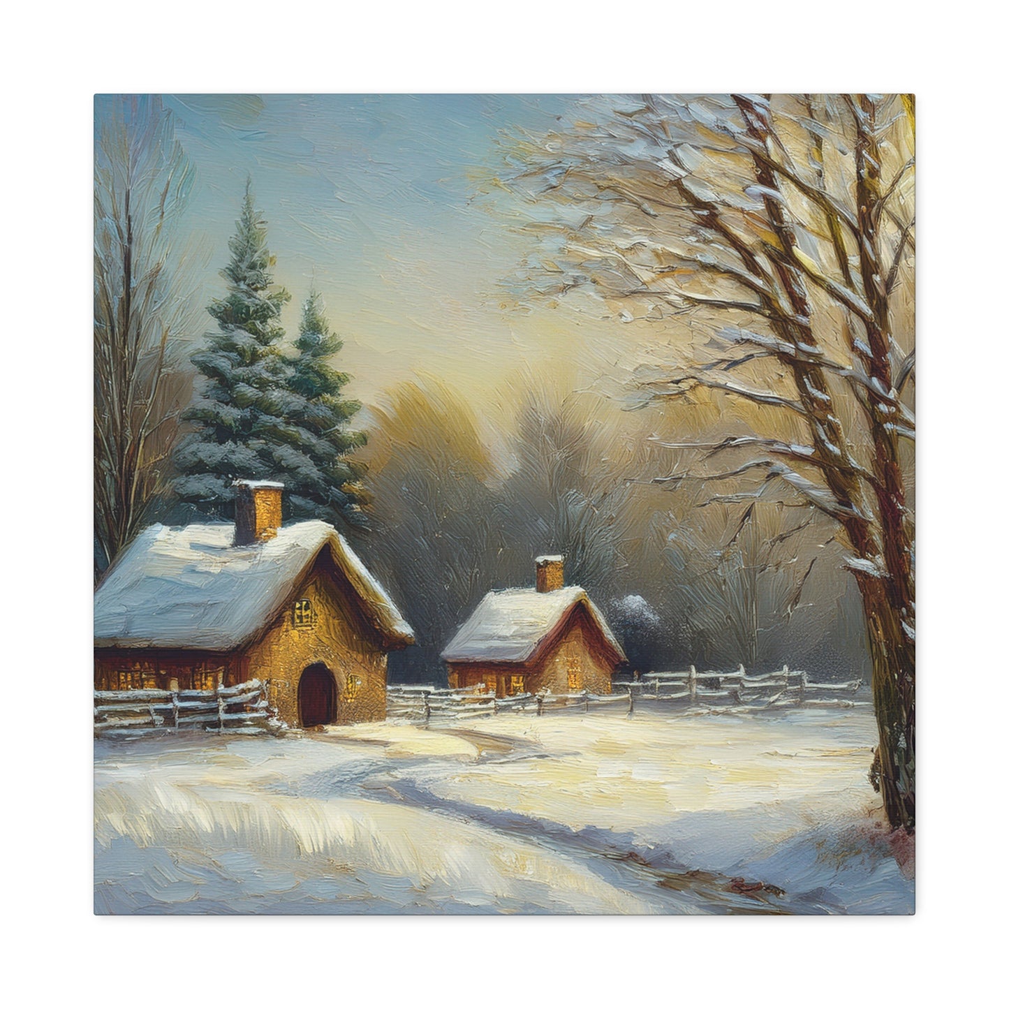 Countryside Winter Print Canvas, Oil Paint Print 20x20, 24x24, 30x30, 32x32, 36x36 Art Design Pine-Wood Inner Frame MC-113