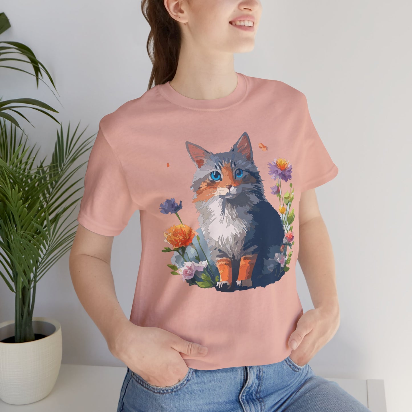 Floral Cat Tee, Animal Shirt, Cat Shirt, Floral Tee, Flower T-shirt, T-Shirt with Animal, Summer Top with Art Design