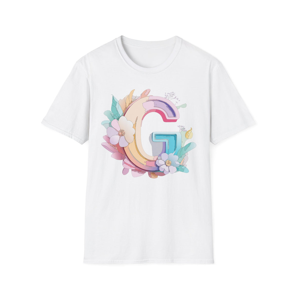 Floral Letter G T-Shirt | Monogram Initial Tee, Pastel Rainbow Blooms