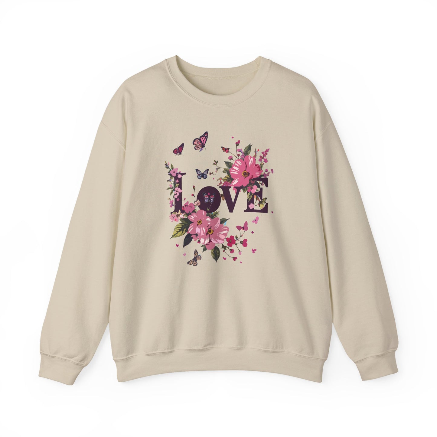 Unisex Floral Love Sweatshirt, Love Floral Sweatshirt, Floral Butterfly Sweatshirt, 50/50 Cotton-Poly Valentine's Day Sweatshirt 05