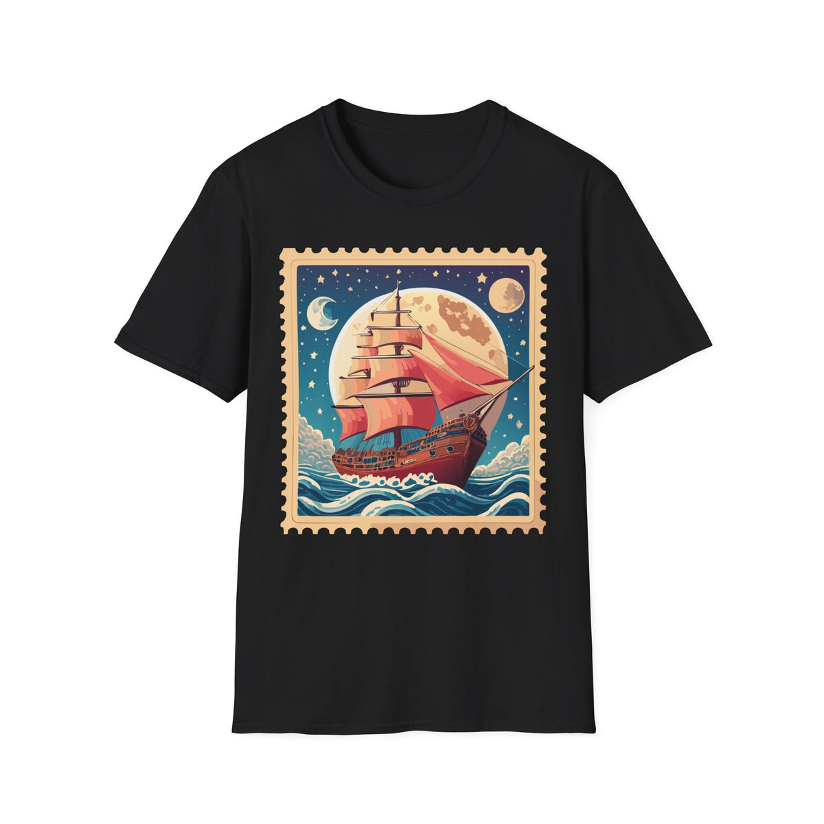 Vintage Sailing Ship Stamp T-Shirt | Moonlit Ocean Illustration