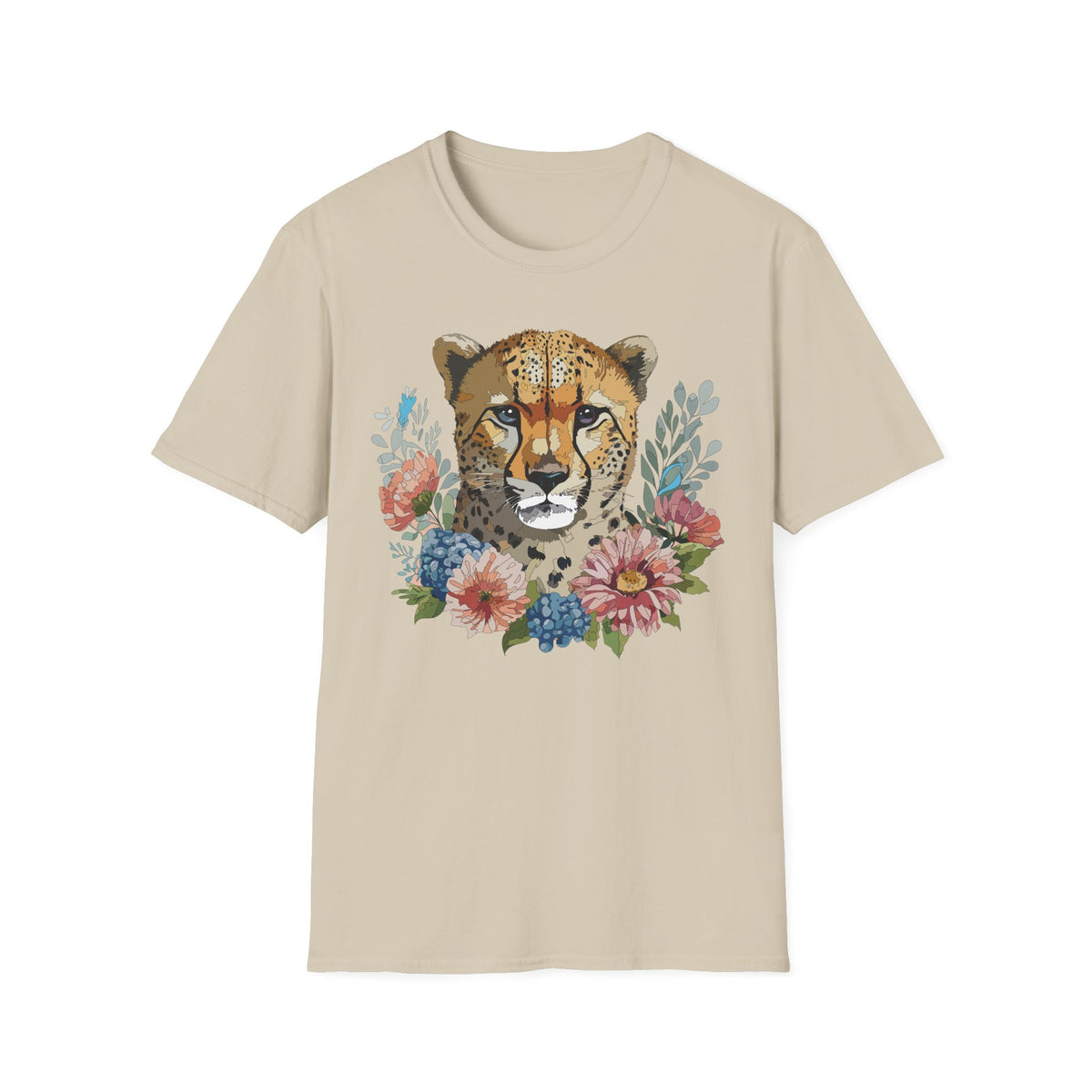 Floral Cheetah Face T-Shirt | Wild Cat Illustration, Botanical Accent