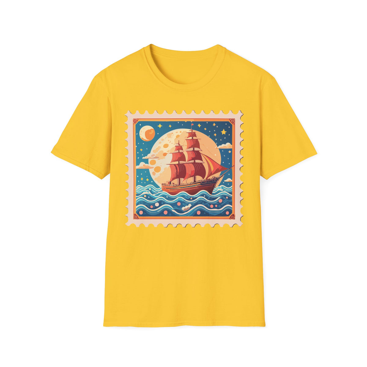 Vintage Sailing Ship Stamp T-Shirt | Retro Moon Ocean Illustration
