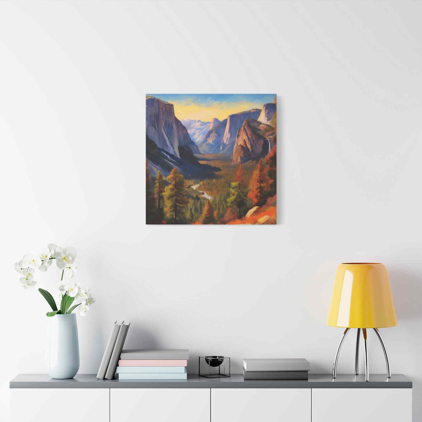 Yosemite Valley Print Canvas, Oil Paint Print 20x20, 24x24, 30x30, 32x32, 36x36 Art Design Print Pine-Wood Inner Frame MC-61
