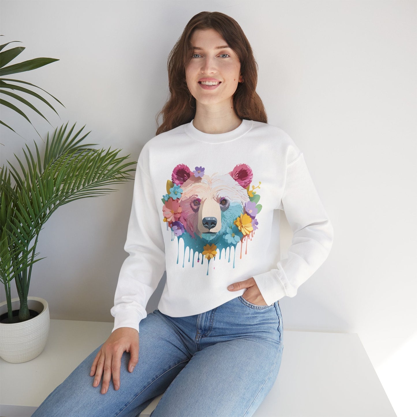 Unisex Floral Bear Sweatshirt Gildan 18000 Art Design Animals