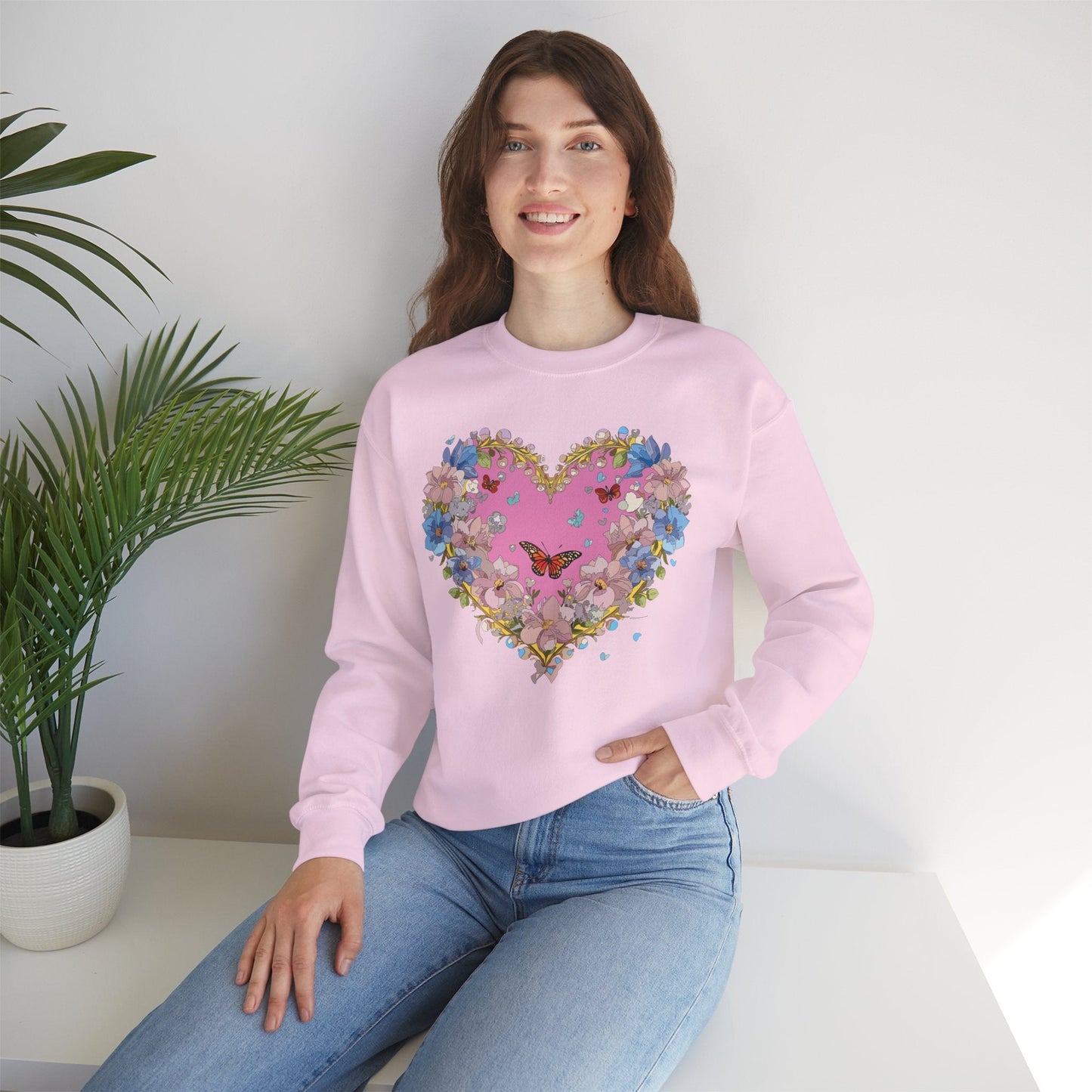 Floral Heart Sweatshirt Unisex Crewneck Gildan 18000 Fifty Fifty Cotton Polyester Valentine's Day