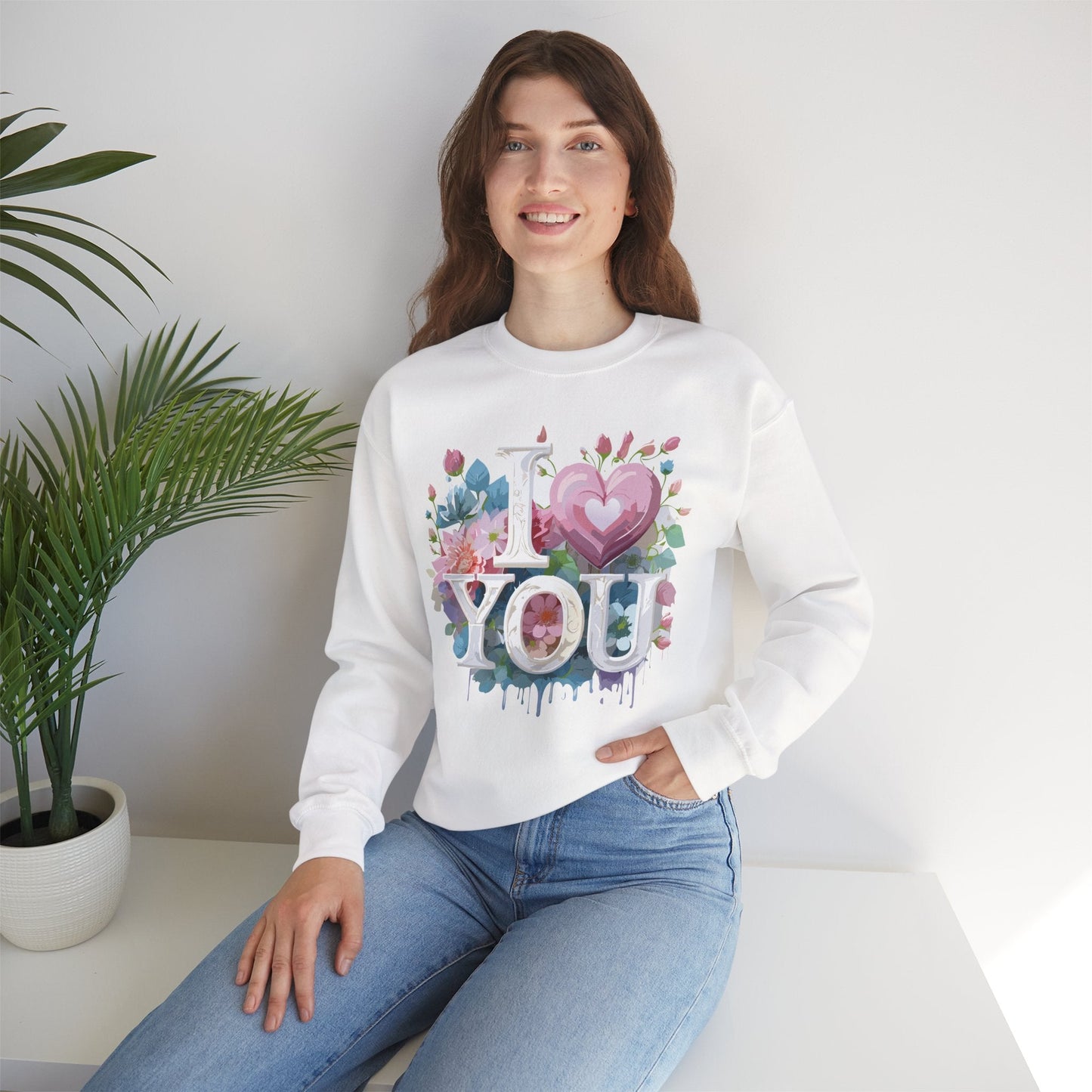 Floral Love Sweatshirt Unisex Valentine Day Flower Print Crewneck Gildan 18000 Cozy