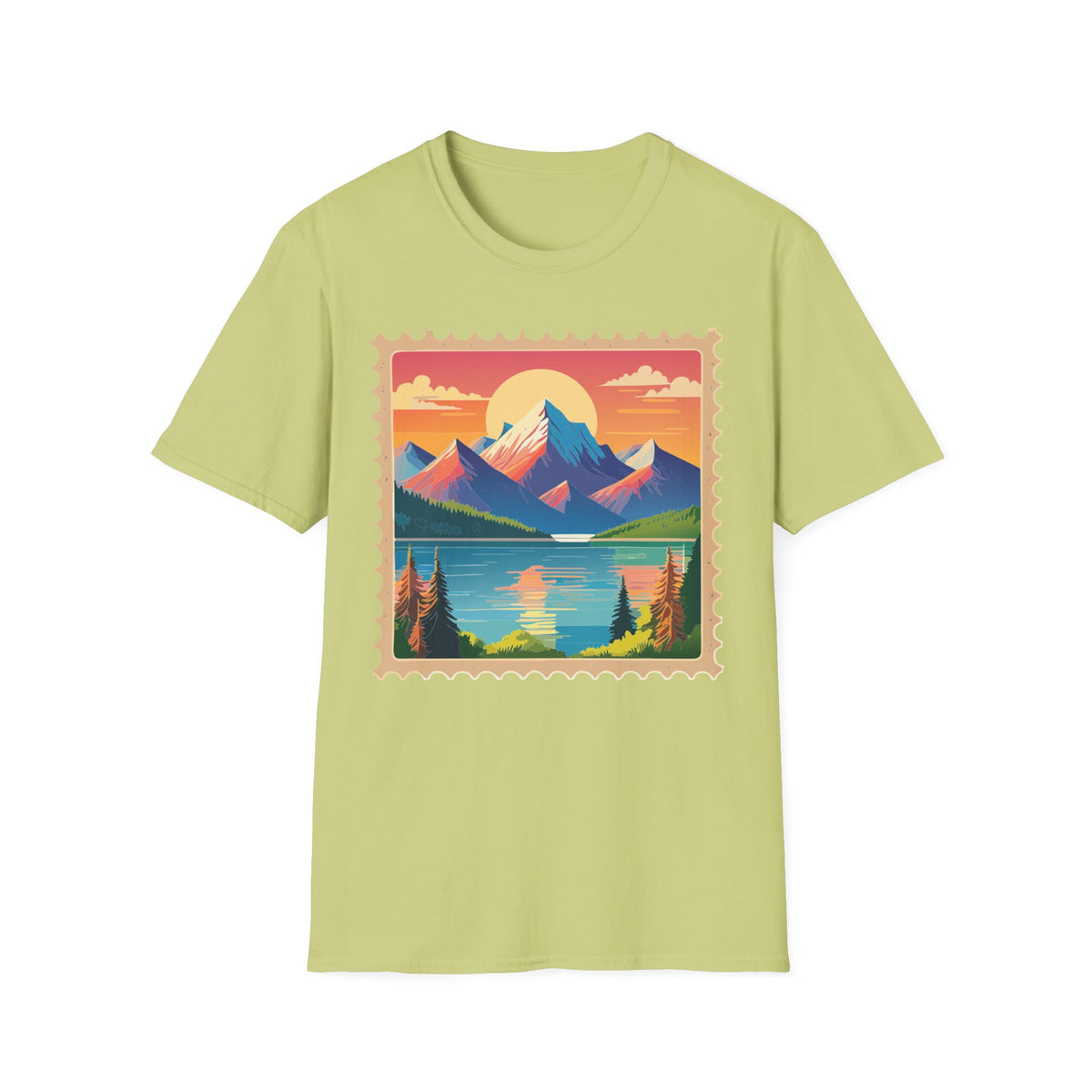 Vintage Mountain Sunset postage stamp T-Shirt | retro travel landscape