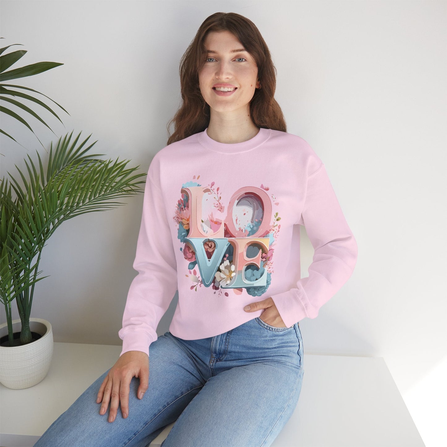 Floral Love Sweatshirt Unisex Crewneck Valentine Day Gift Gildan 18000 Fifty Fifty Cotton Blend