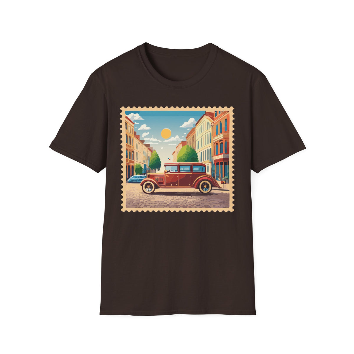 Vintage City Street Illustration T-Shirt | Retro Car, Sunny Urban Graphic Tee Unisex 100 Cotton Gildan T-Shirt