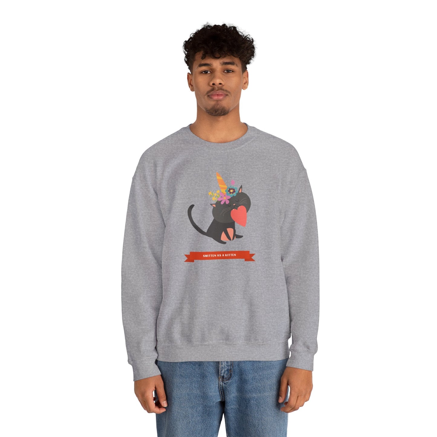 Cat Heart Sweatshirt Unisex Valentine Gift 50/50 Cotton-Poly Crewneck Gildan 18000