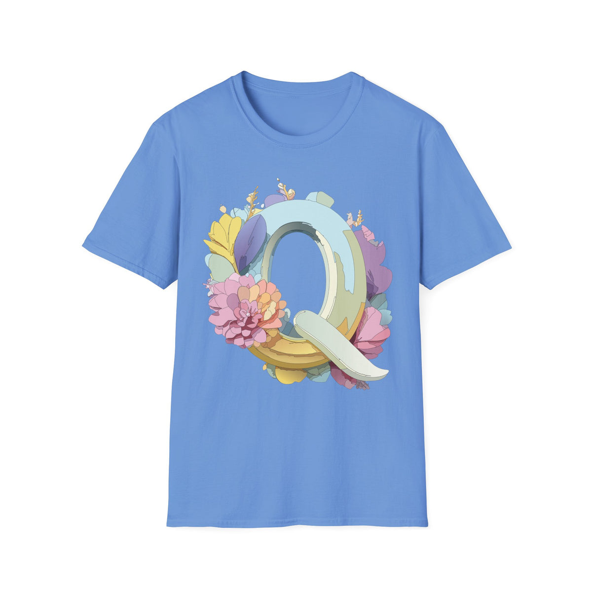 Floral Letter Q T-Shirt | Pastel Monogram Tee, Botanical Initial Shirt