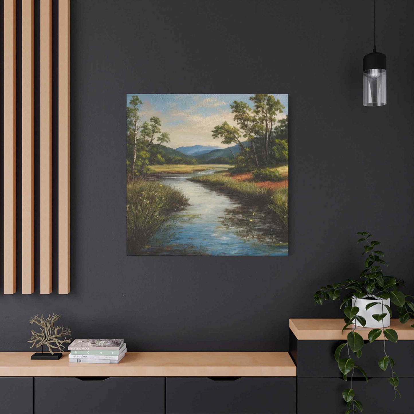 River Print Canvas, Landscape Oil Paint Print 20x20, 24x24, 30x30, 32x32, 36x36 Art Design Print Pine-Wood Inner Frame MC-50
