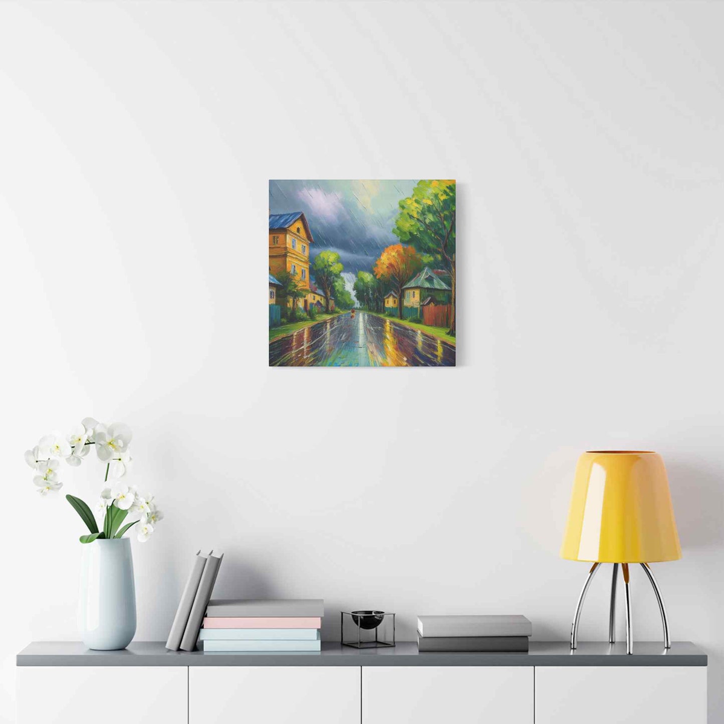Rainy Village Street Canvas, Matte Oil Paint Print 20x20, 24x24, 30x30, 32x32, 36x36, Art Design Print Non-Frame MC-1