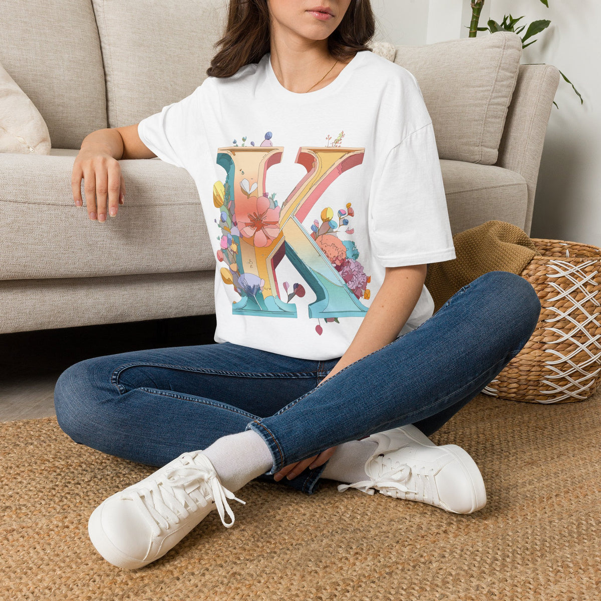 Floral Letter K T-Shirt | Monogram Initial K Tee, Botanical Alphabet Shirt