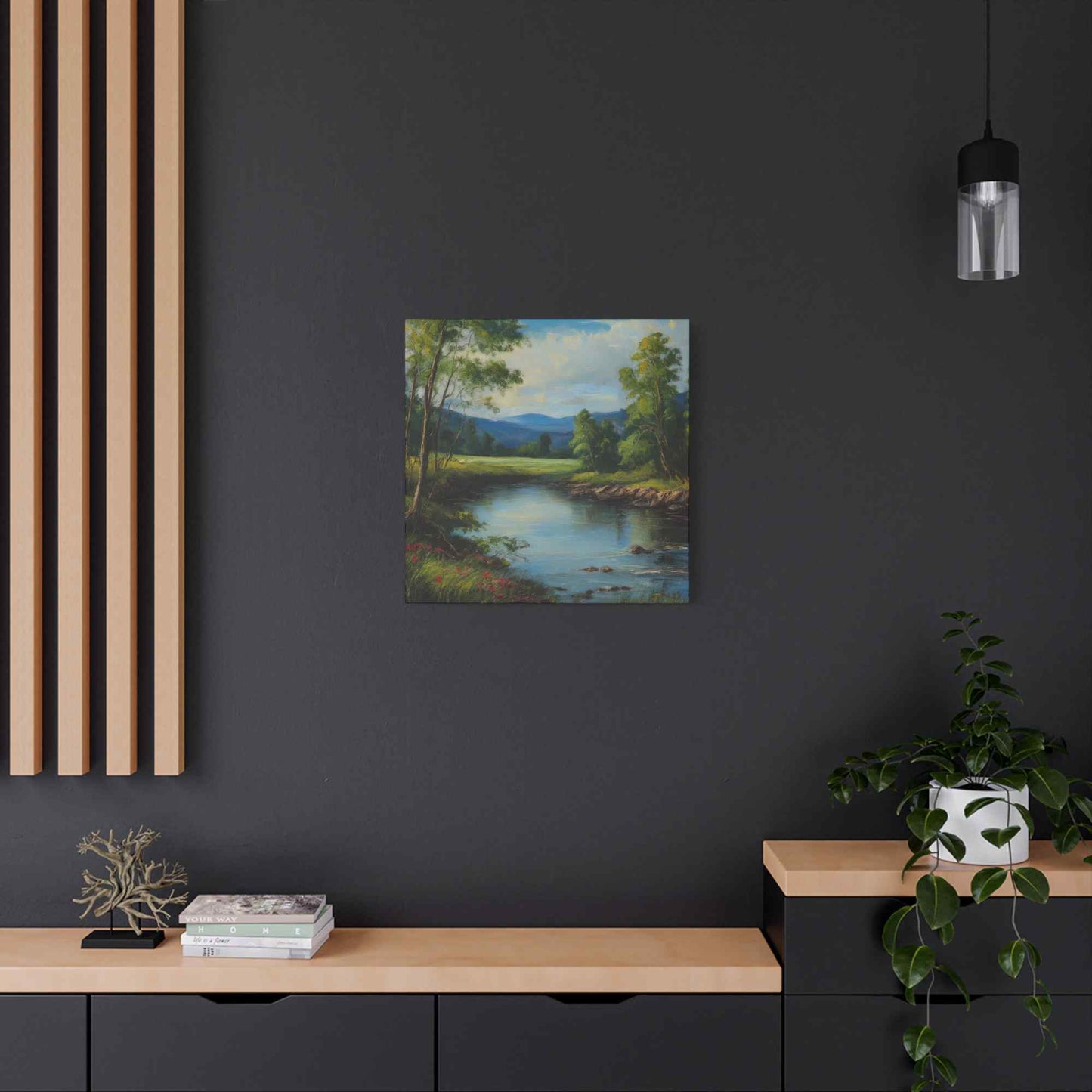 River Print Canvas, Landscape Oil Paint Print 20x20, 24x24, 30x30, 32x32, 36x36 Art Design Print Pine-Wood Inner Frame MC-53