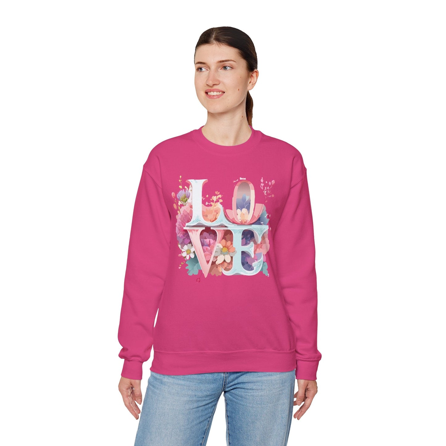 Floral Love Sweatshirt Valentines Day Flower Print Unisex Crewneck Heavy Blend Cotton Polyester