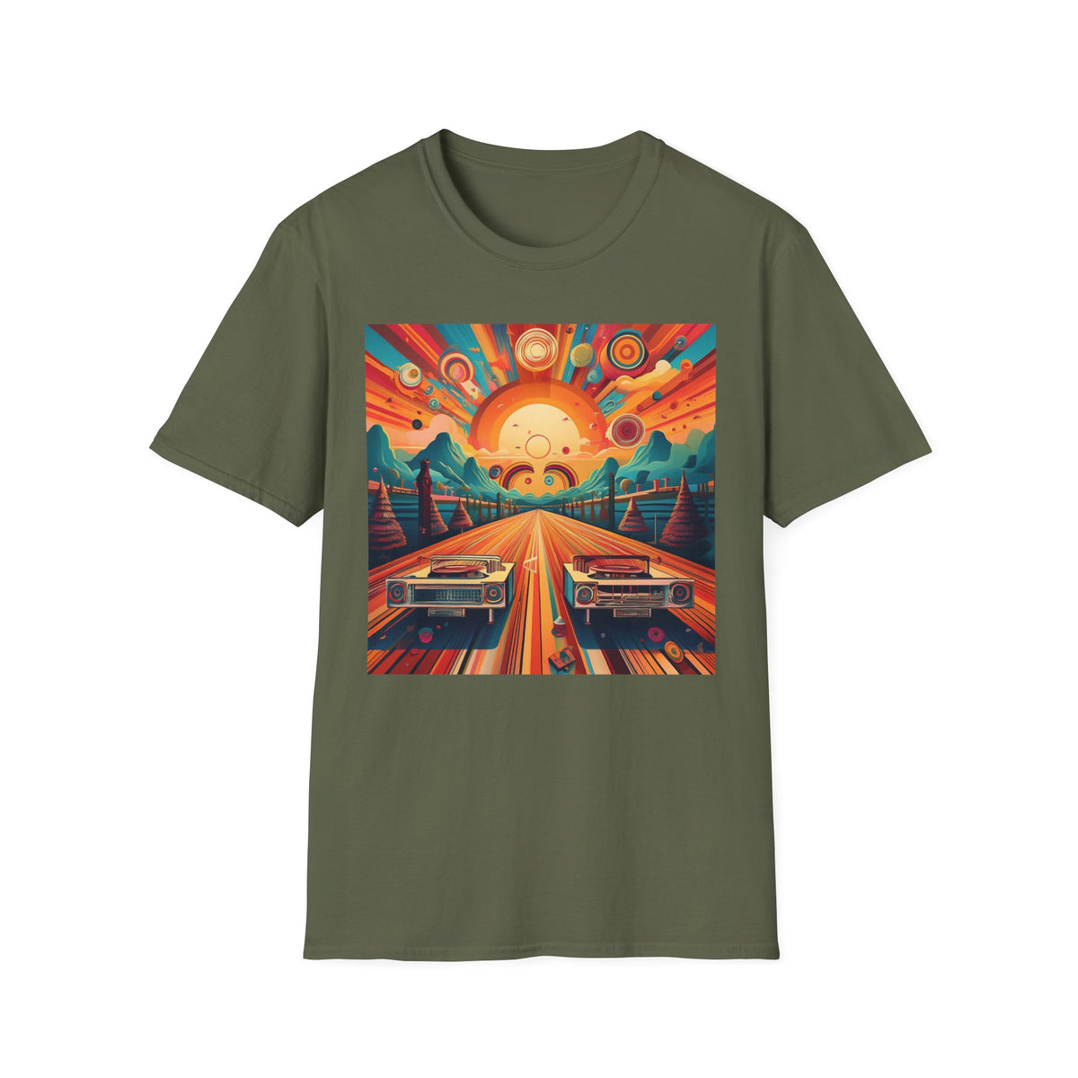 Retro Sunburst Road Trip Graphic Posters, Post Stamps Design Unisex 100 Cotton Gildan T-Shirt
