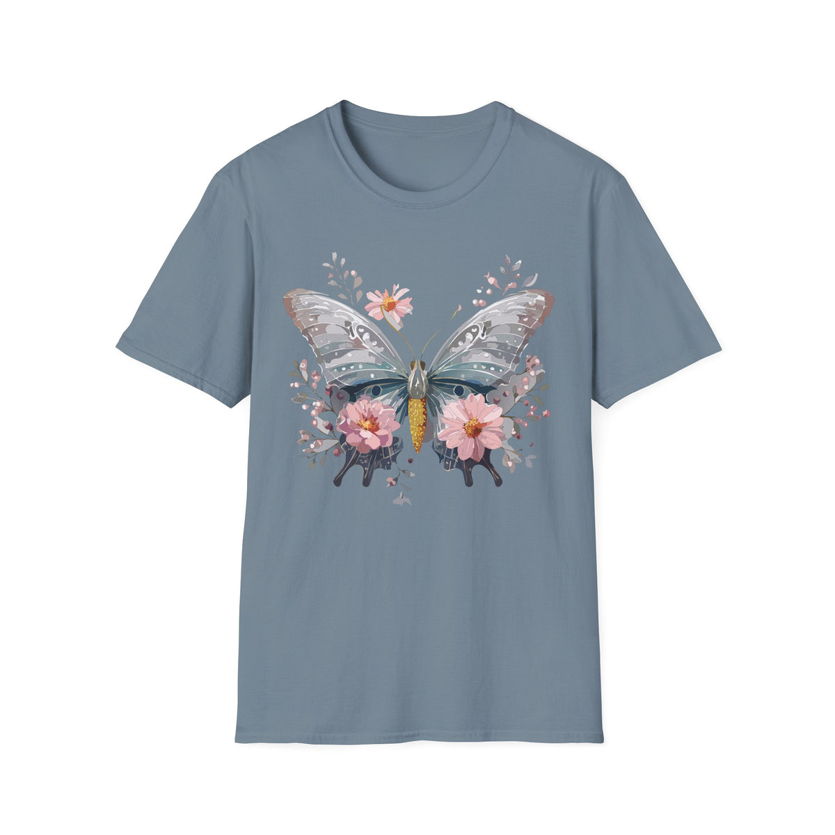 Butterfly Floral T‑Shirt — Watercolor Moth & Pink Flowers Graphic Tee Unisex 100 Cotton Gildan T-Shirt