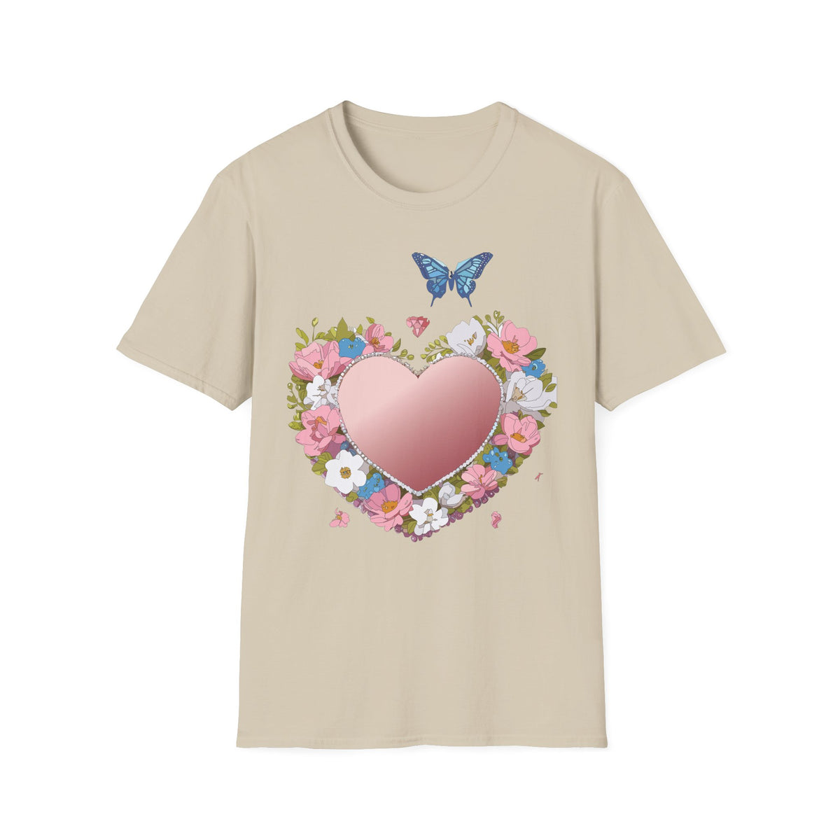Floral Heart with Blue Butterfly T-Shirt | Pink Heart Floral Graphic Tee Unisex 100 Cotton Gildan T-Shirt