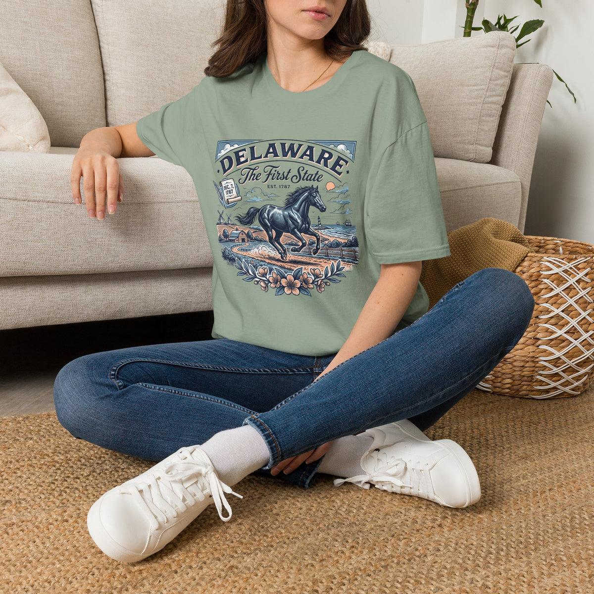 Delaware The First State Horse Travel Tourist Graphic Tee Unisex 100 Cotton Gildan T-Shirt