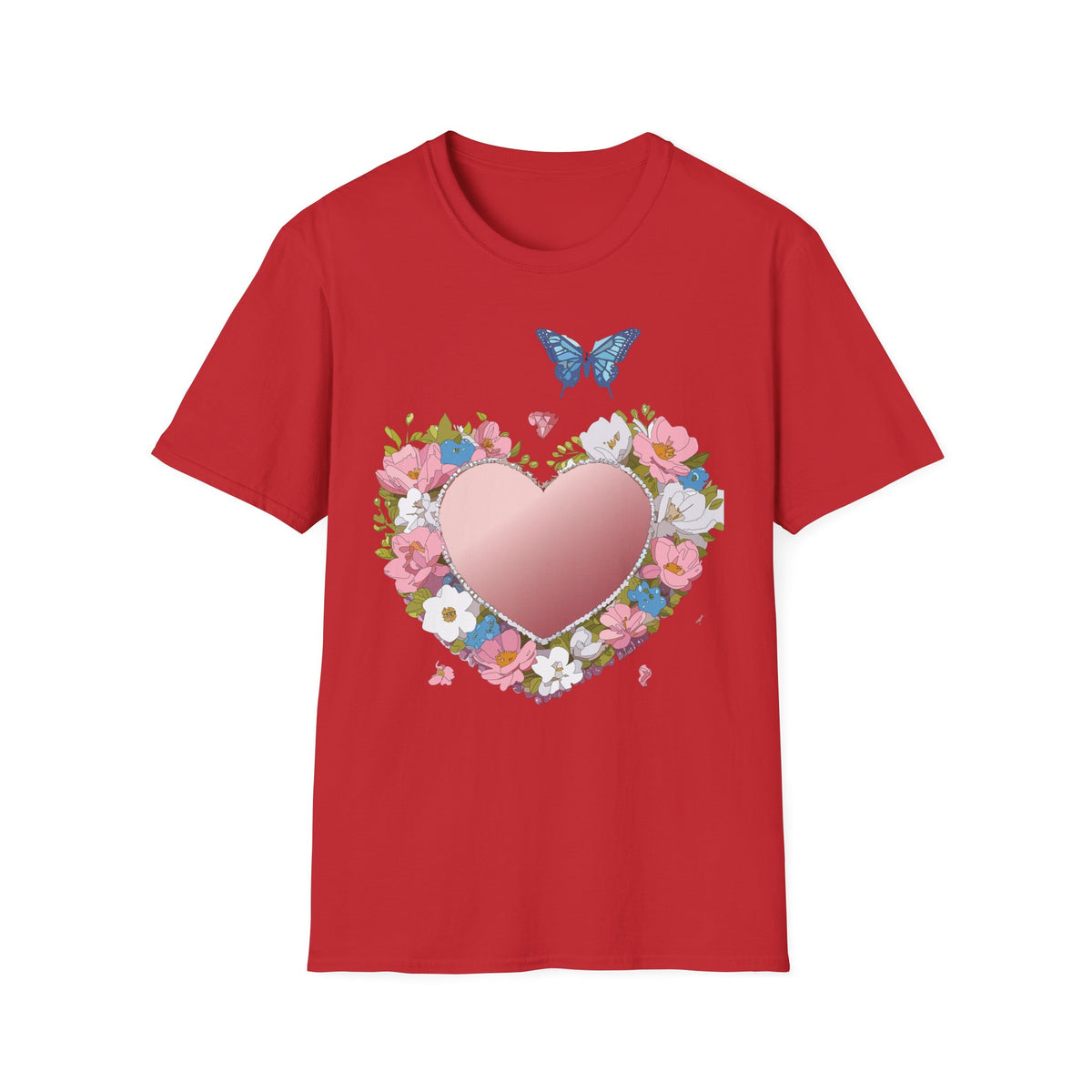 Floral Heart with Blue Butterfly T-Shirt | Pink Heart Floral Graphic Tee Unisex 100 Cotton Gildan T-Shirt