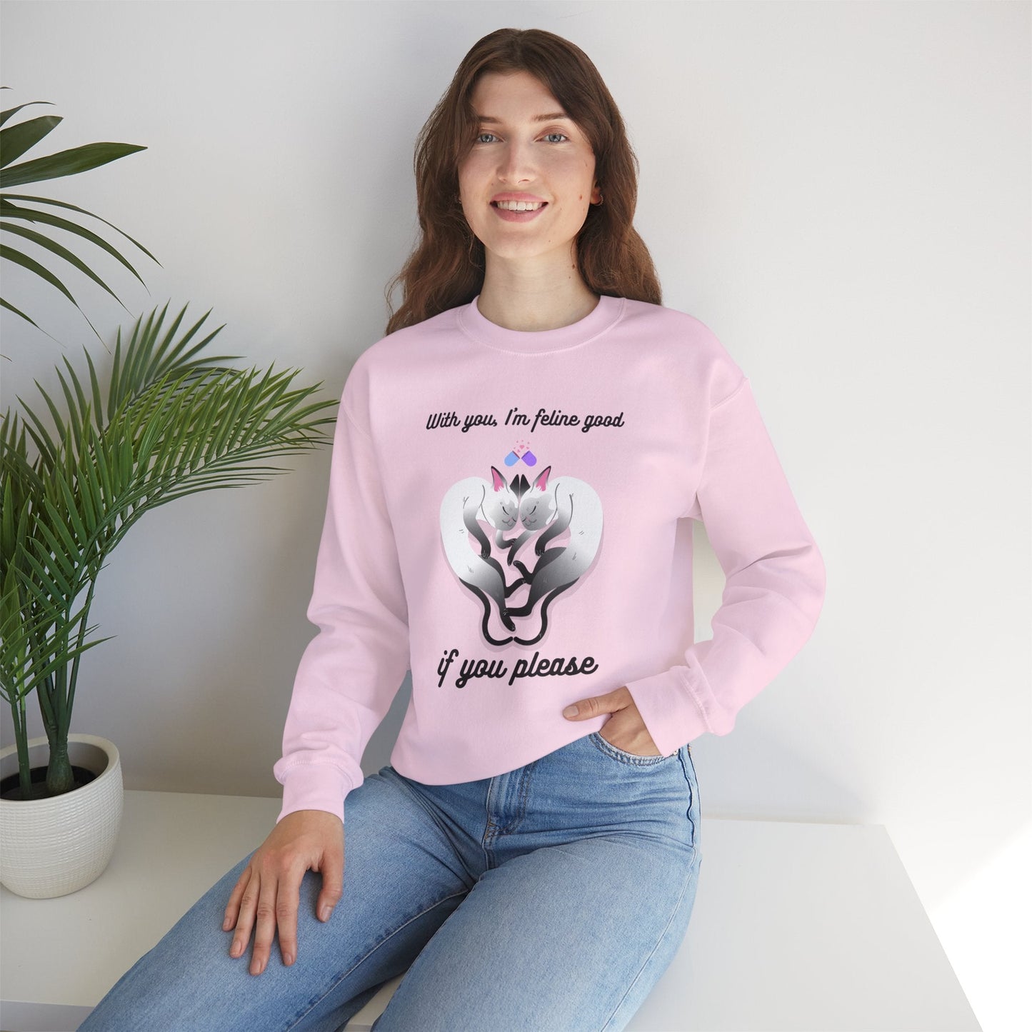 Double Cat Heart Sweatshirt Unisex Fifty Fifty Cotton Poly Valentines Day Sweatshirt