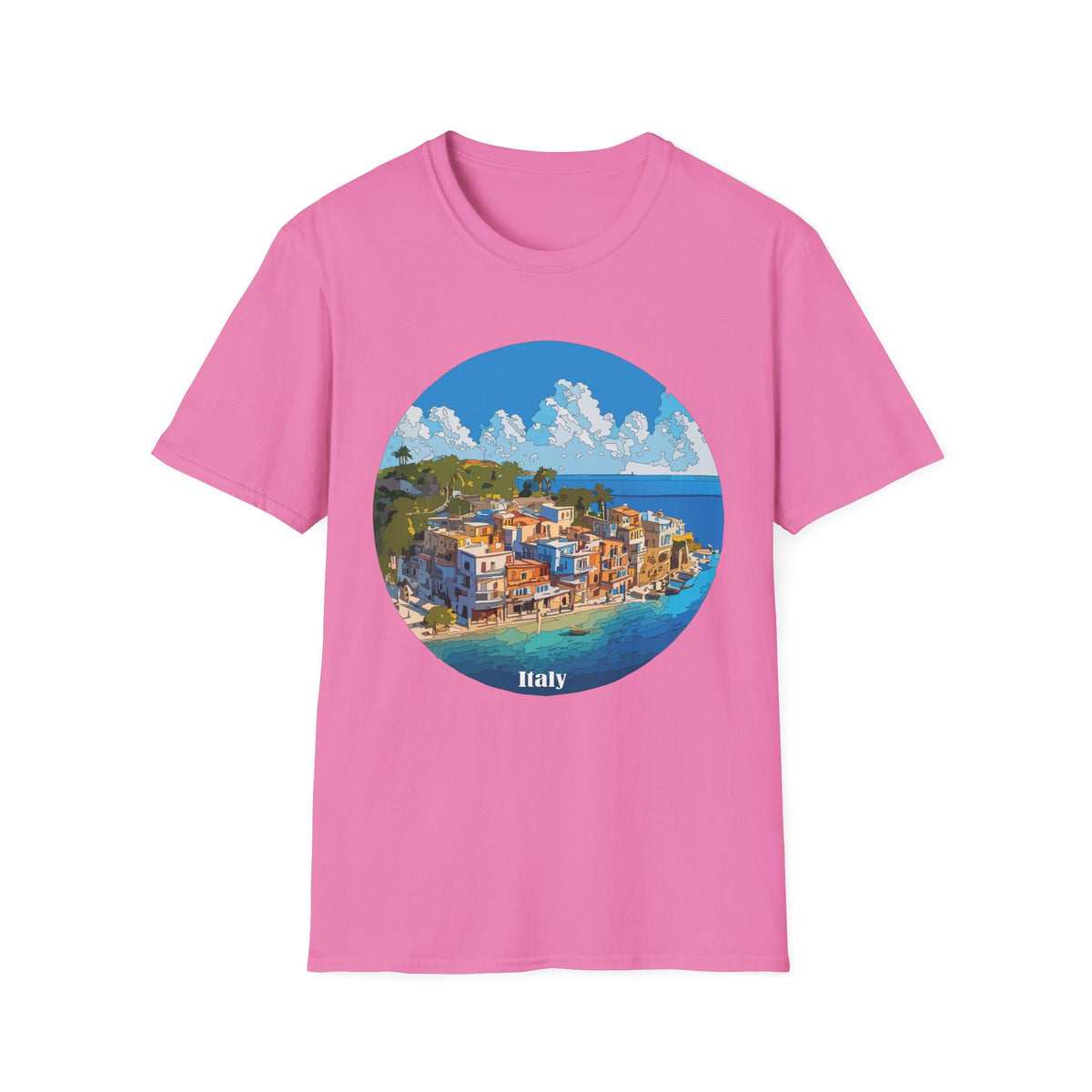 Coastal Italy Village Illustration T-Shirt | Mediterranean Seaside Graphic Tee