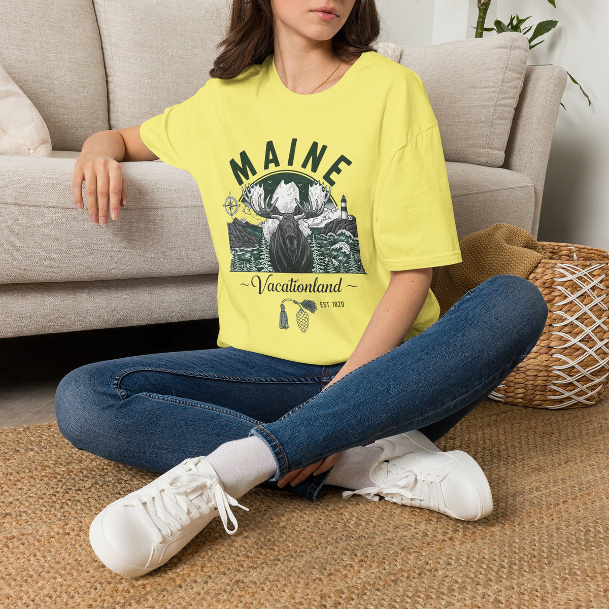 Maine Vacationland Moose T-Shirt — Rustic Coastal State Pride Tee Travel Tourist Graphic Design Unisex 100 Cotton Gildan T-Shirt