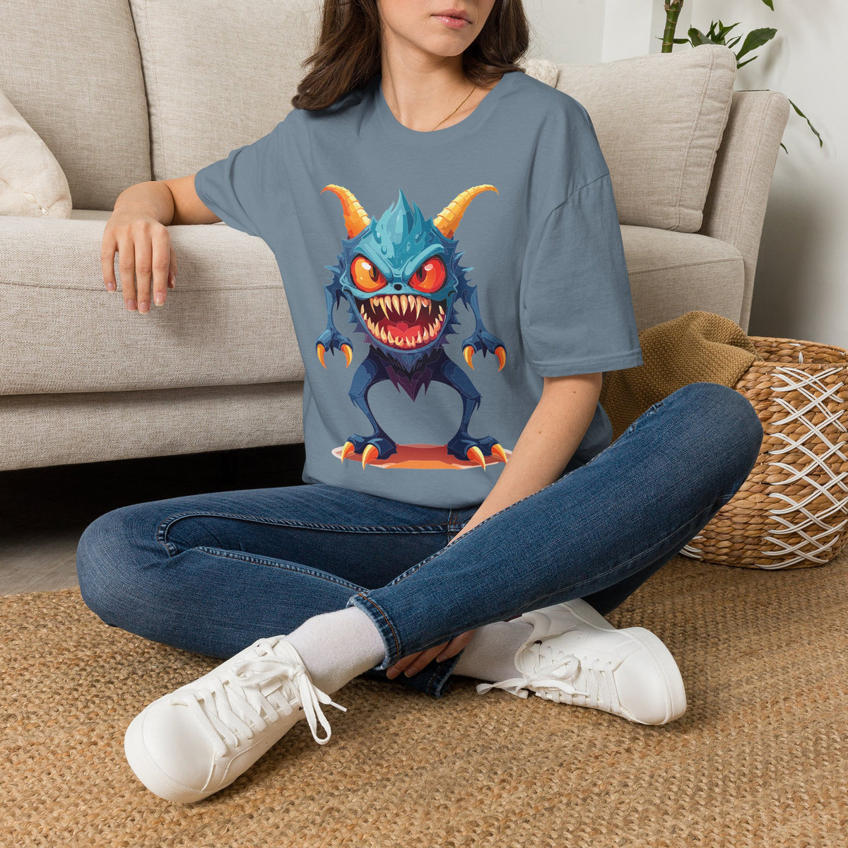 Monster Graphic T-Shirt — Cute Scary Blue Demon Tee for Halloween & Gamer Fans Cartoon Graphic Tee Unisex 100 Cotton Gildan T-Shirt