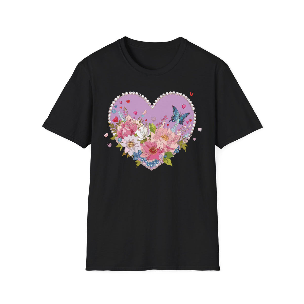 Floral Heart with Butterfly T-Shirt | Pink Flower Bouquet Tee