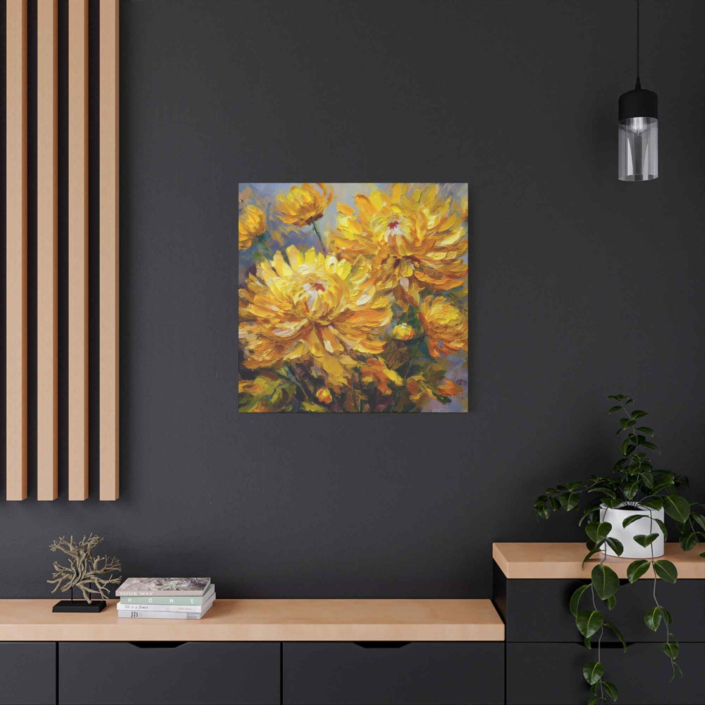 Chrysanthemums Print Canvas, Floral Oil Paint Print 20x20, 24x24, 30x30, 32x32, 36x36 Art Design Pine-Wood Inner Frame MC-164