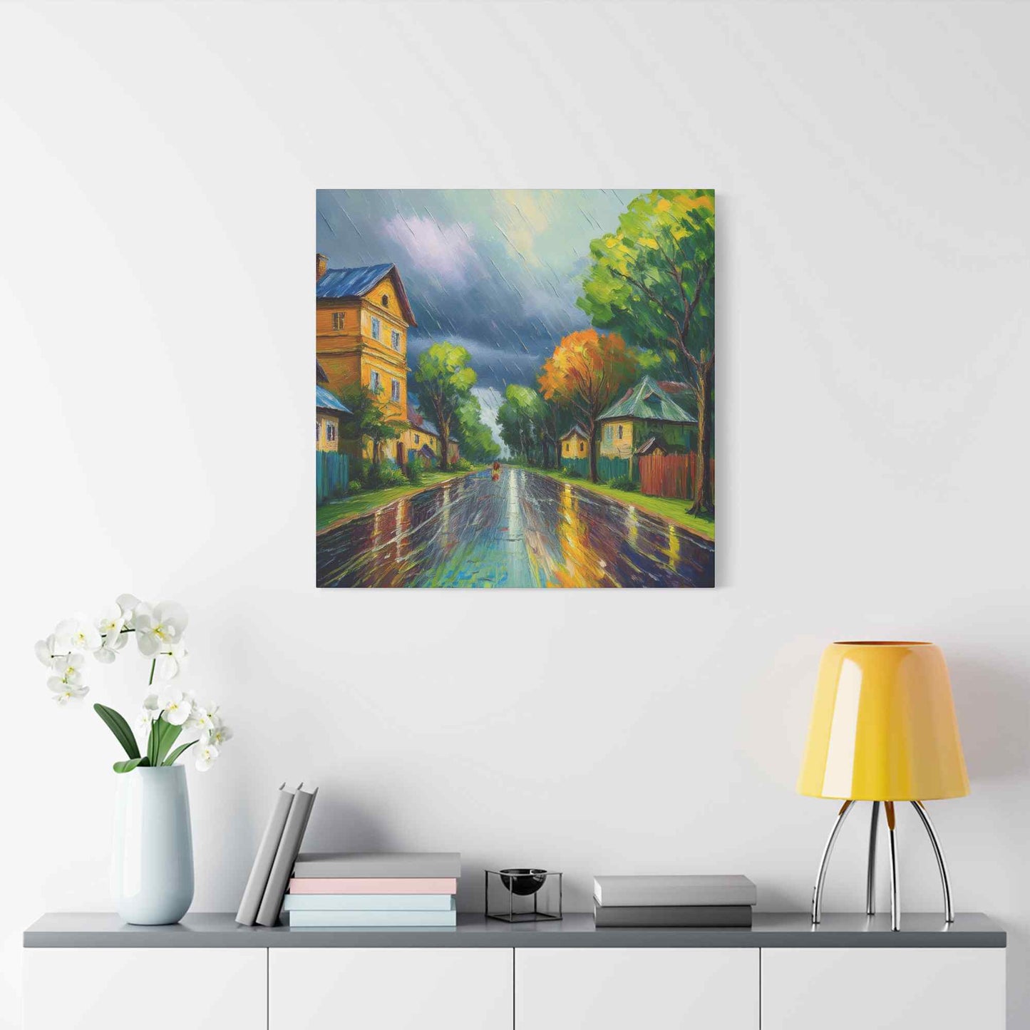 Rainy Village Street Canvas, Matte Oil Paint Print 20x20, 24x24, 30x30, 32x32, 36x36, Art Design Print Non-Frame MC-1