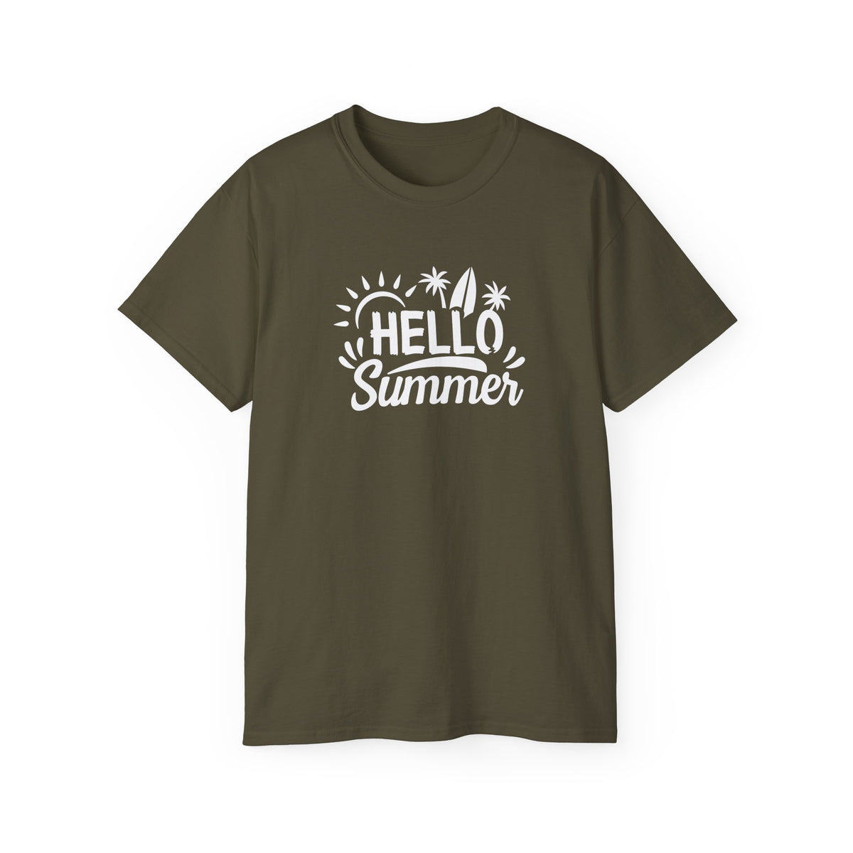 Hello Summer surfboard palm trees T-Shirt | Summer beach graphic tee