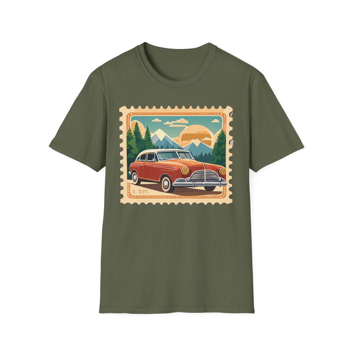 Vintage Road Trip Car T-Shirt | Retro Mountain Sunset Stamp Design